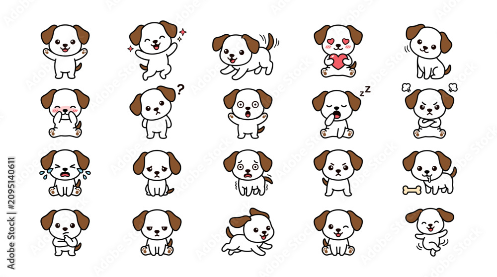 Fototapeta premium Adorable Cartoon Puppy Dog Character Set with Various Poses and Emotions Expressing Different Feelings.