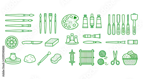 Green line art painting tools icons.