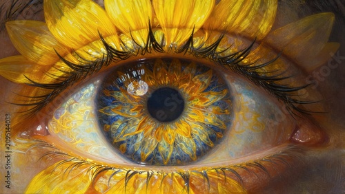 Sunflower eye with vibrant petals and detailed iris, artistic close-up.