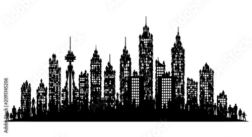 Obraz na plátně Black silhouette of a modern cityscape skyline with crowds of people