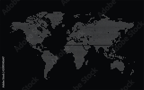 World map composed of white digital dot matrix grid pattern against black background with technology international continent geography communication