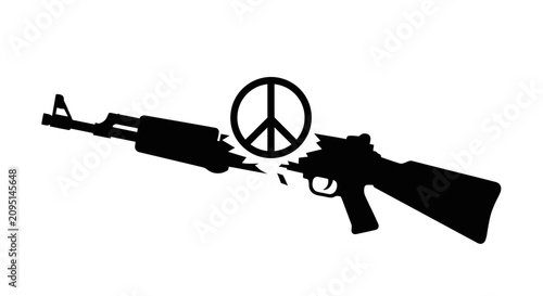 Tableau sur toile Black silhouette of an assault rifle broken in half with a peace symbol in the middle