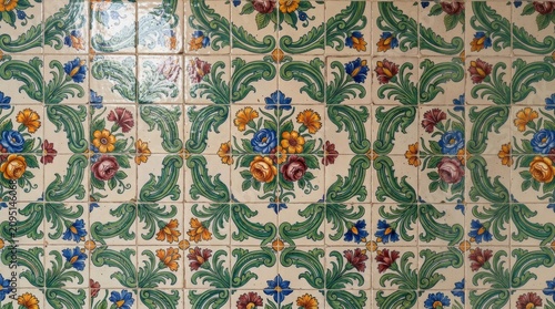 Portugal pattern ornate floral green and blue azulejo ceramic wall with portugal portuguese ornamental traditional