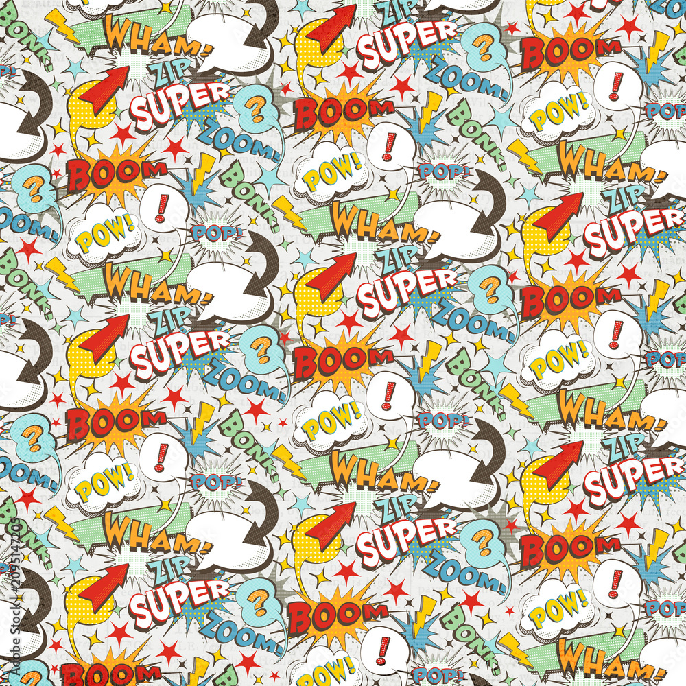 Colorful comic book seamless pattern with speech bubbles, boom, pow, zoom and pop art elements. Perfect for comics, stationery, fabric, wrapping paper and fun backgrounds.