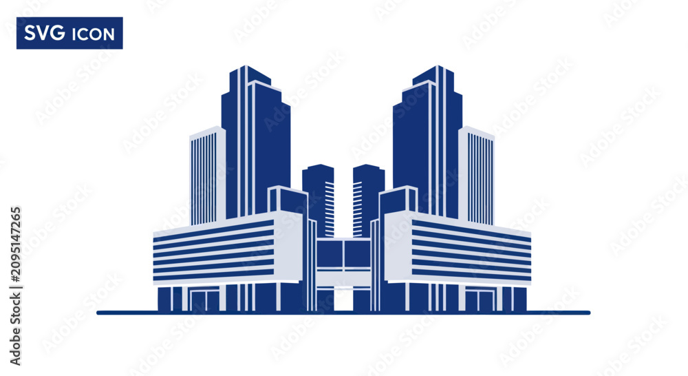 Fototapeta premium Modern office building and city skyline icon in blue