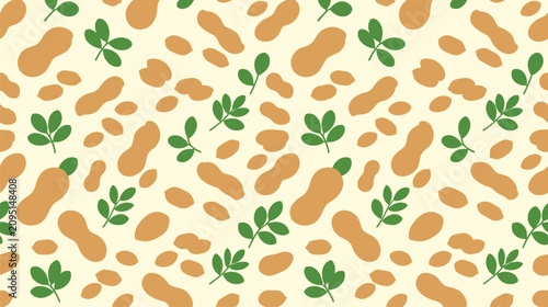 Seamless peanut pods and leaf pattern on warm beige background.