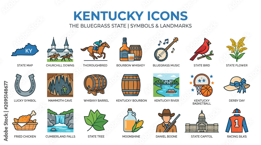 Fototapeta premium Kentucky Symbols and State Landmarks Icon Sheet Featuring Cultural Traditions and Natural Landscapes for Travel and Education