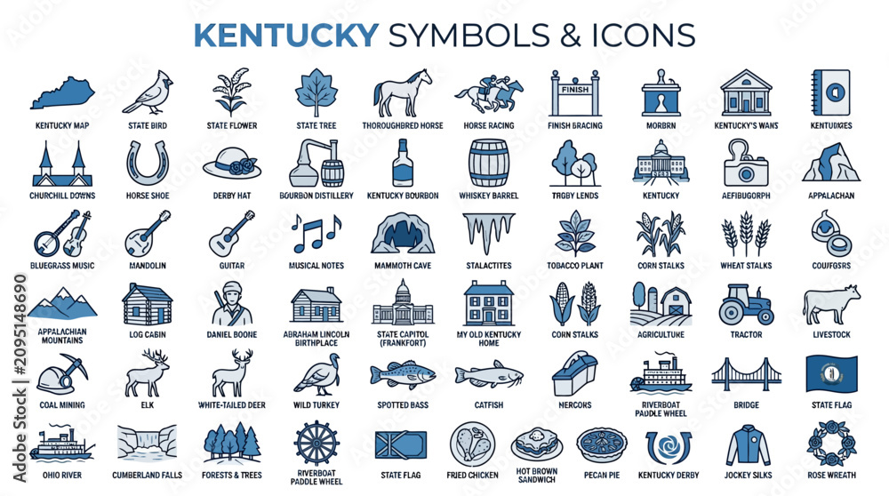 Fototapeta premium Comprehensive Collection of Kentucky State Icons and Cultural Symbols Featuring Geographic Landscapes Wildlife Landmarks and Traditional Heritage Elements
