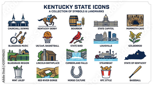A curated set of illustrative icons showcasing Kentucky's unique state symbols, diverse culture, renowned landmarks, and popular traditions