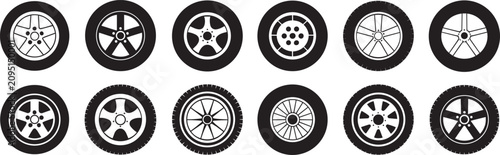 Foto Automotive wheels set collection vector containing various tire rim designs for cars transport equipment modern spoke styles black silhouettes vehicle parts rubber tires alloy wheels