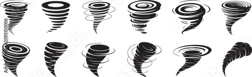 Slika na platnu Tornado whirlwind collection vector featuring different storm shapes hurricane funnel icons wind vortex symbols atmospheric weather phenomena air spiral clip art destructive elements