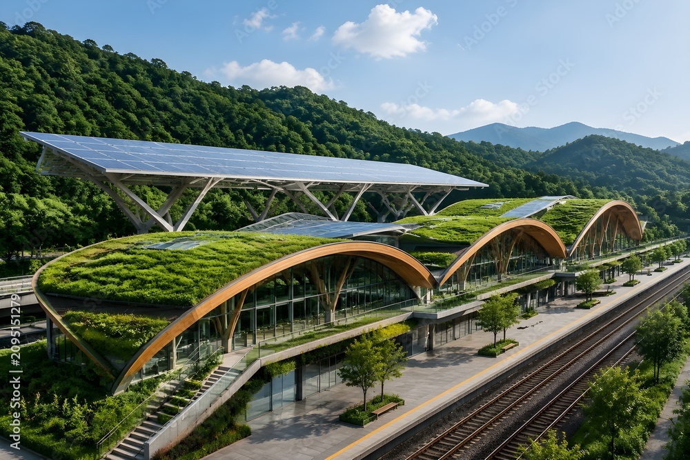 Fototapeta premium Eco Friendly Railway Station with Green Roof and Solar Canopy Showcases Sustainable Transit Innovation Beautifully