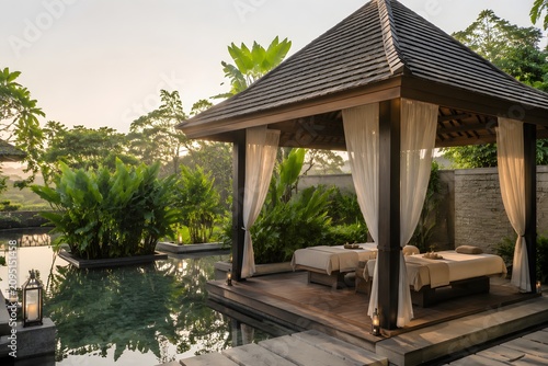 Luxury Spa Gazebo Beside Reflecting Pool Features Neutral Daybeds Tropical Planting and Soft Morning Calm