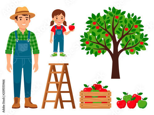 vector Happy Father's Day illustration of a farmer dad and daughter picking apples from a tree with a ladder and crate full of fruit Isolated on transparent background