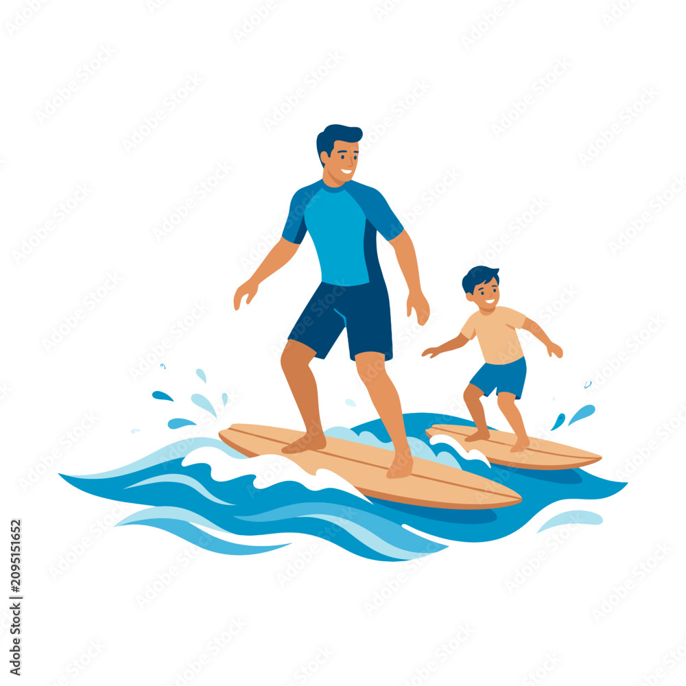 Fototapeta premium vector Father and son enjoying surfing together on a sunny day celebrating Father's Day with water sports and family bonding Isolated on transparent background