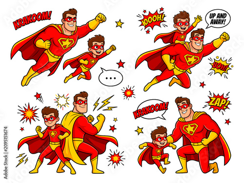 vector Father and son superheroes flying together celebrating Father's Day with comic book action words Isolated on transparent background