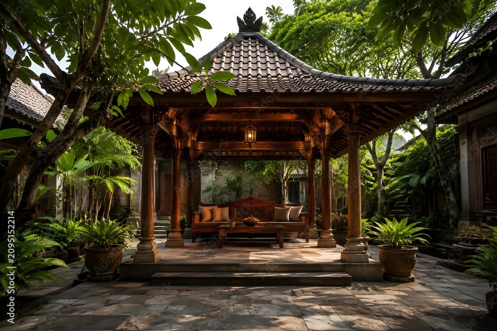 Obraz premium Javanese Joglo Gazebo with Teak Columns and Stone Courtyard Showcases Rich Tropical Heritage Architecture Beautifully