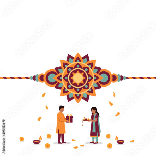 Raksha Bandhan festival flat vector illustration featuring colorful Rakhi bracelets and traditional Indian symbols with copy space for holiday greeting text