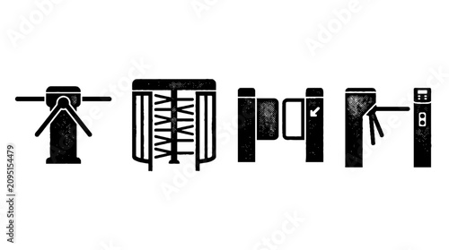 This image displays various turnstile gate icons in a halftone vector style, symbolizing access control and entry management in secure environments.