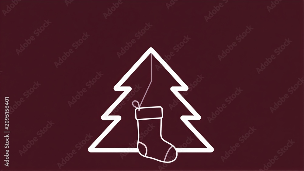 Fototapeta premium White Christmas tree and stocking outline on deep red background.