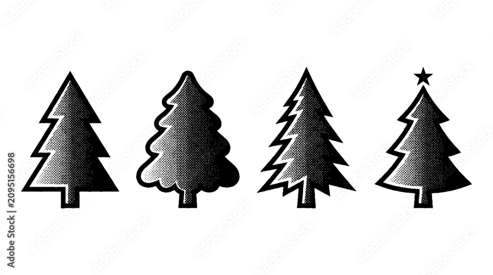 Fototapeta premium This striking image showcases four stylized vector trees in halftone design, ideal for eco-friendly projects or graphics that highlight nature and sustainability.