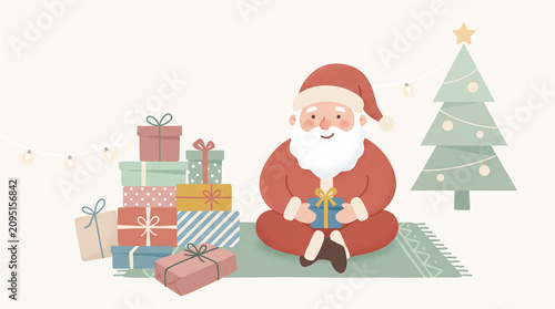 Minimalist cartoon Santa Claus holding a gift near a Christmas tree