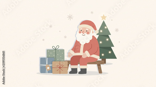 Minimalist cartoon illustration of Santa Claus sitting on gifts