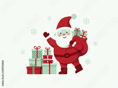 Cute cartoon Santa Claus waving next to a stack of gifts