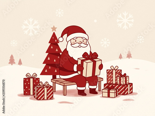 Cute cartoon illustration of Santa Claus sitting with gifts