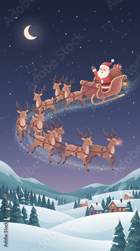Vertical illustration of Santa's sleigh flying over a snowy village