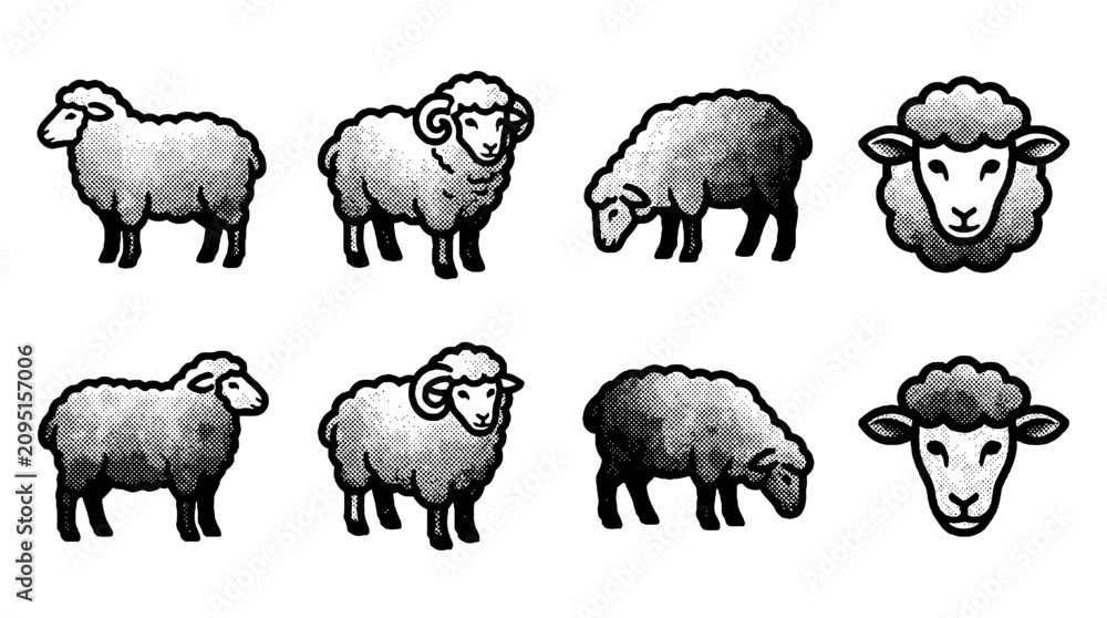 Obraz premium A collection of stylized halftone sheep illustrations, each presenting unique poses, ideal for farm-themed designs and agricultural contexts.
