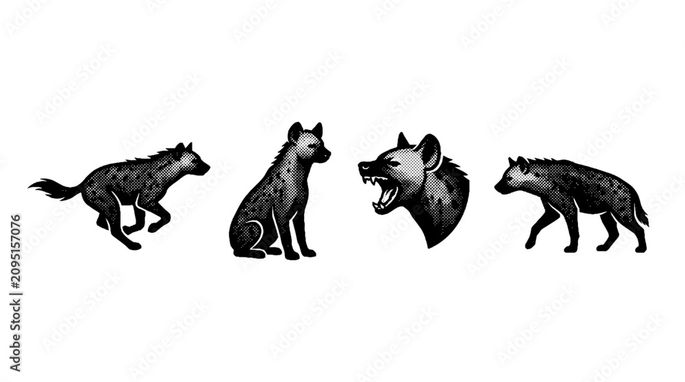 Fototapeta premium This image presents a striking halftone vector series of wolves and hyenas, emphasizing their unique characteristics and dynamic poses in a captivating artistic style.