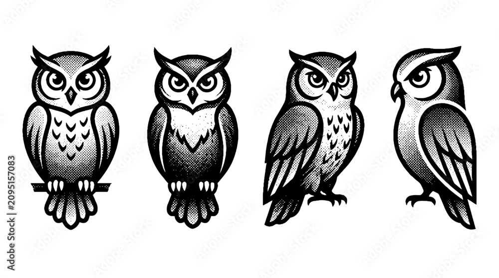 Fototapeta premium A charming collection of elegant halftone owl designs, masterfully showcasing the intricate details and soulful expressions of these nocturnal creatures.