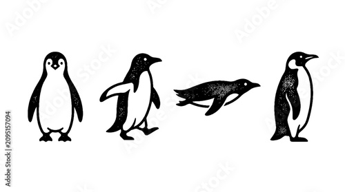 This illustration illustrates playful penguins in various dynamic postures, created using a halftone vector style that adds depth and character to their design.