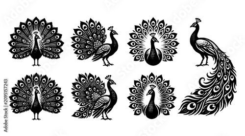 This striking vector halftone image showcases a series of peacocks, beautifully illustrating their plumage and elegance through artistic stylization.