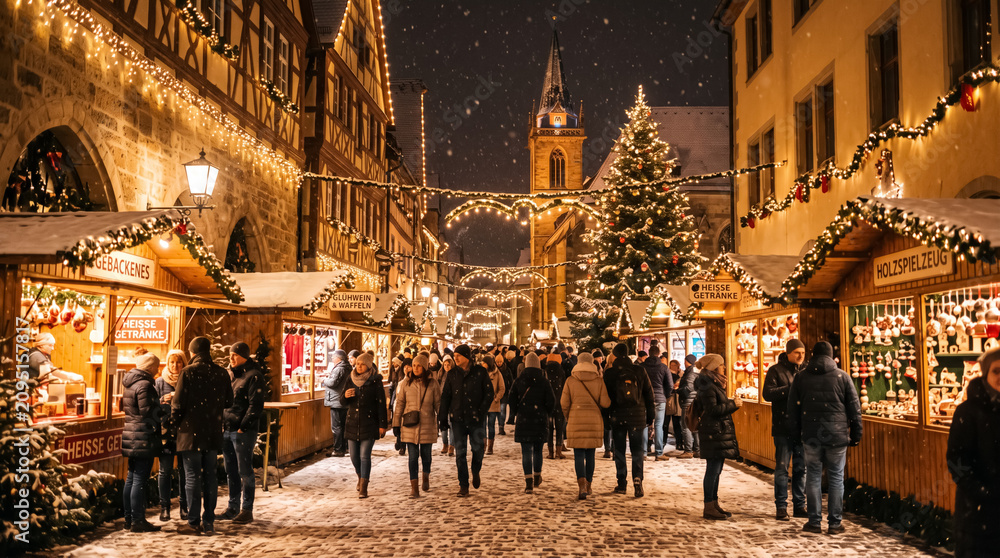 Obraz premium Glowing Christmas market stalls in snowy historic town