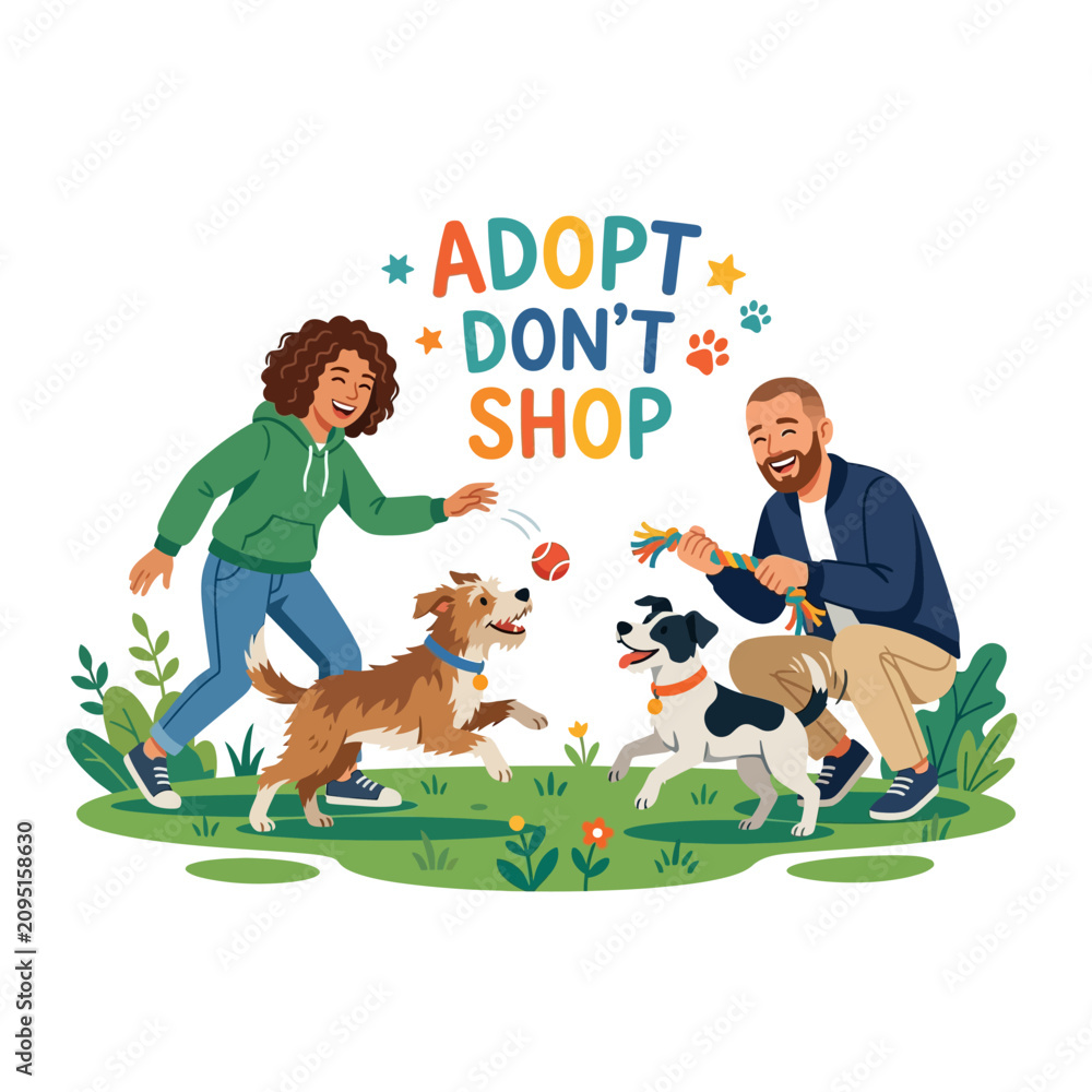Fototapeta premium A happy couple playing with their adopted dogs outdoors, promoting the message 