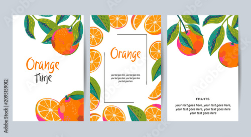 Set of orange fruits Italian posters. Vector collection of cards with hand drawn citrus branches