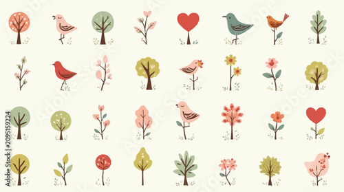 A delightful collection of flat vector illustrations showcasing birds, trees, flowers, and hearts.