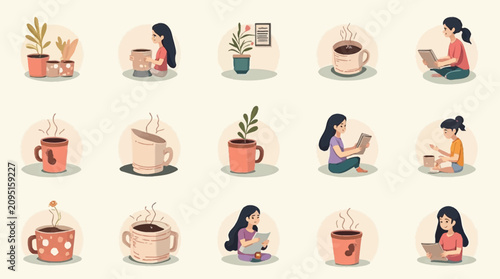 Cozy vector illustrations of people enjoying coffee, reading, and tending to plants.