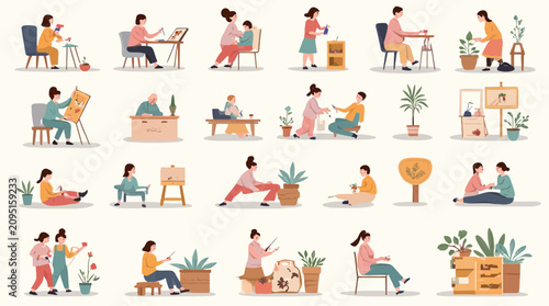 Collection of diverse illustrations showing people enjoying various hobbies and daily activities.