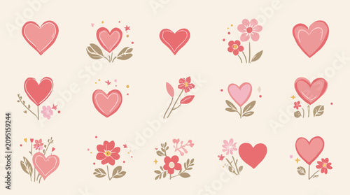 A collection of cute pink and red heart illustrations with floral elements on a light background