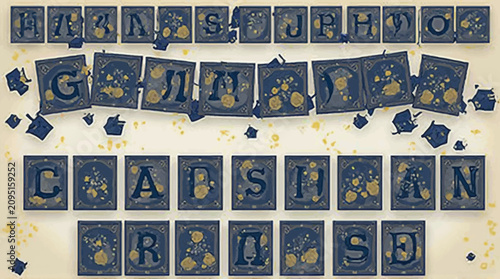 Decorative blue square letter tiles with golden floral patterns form a jumbled alphabet.