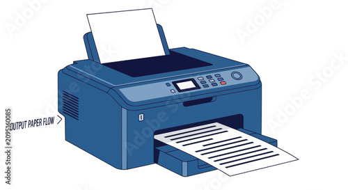 Konstfotografi Blue multifunction office printer producing a paper document