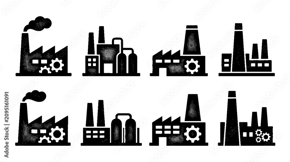 Obraz premium This vector illustration showcases a series of eight distinct halftone factories, symbolizing industrial architecture and the manufacturing industry.