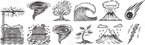 Photos Natural disasters and environmental catastrophe vector icons set showing cracked earth tornado forest fire giant wave volcano eruption meteor strike flood storm cyclone plant growth