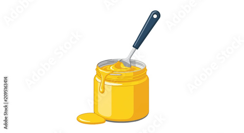 Vector illustration of an open glass jar filled with thick yellow paint, a silver spoon with a blue handle inside, and paint dripping down the side and base on a white background.