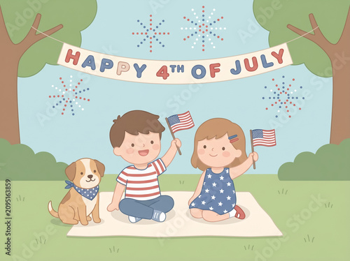 Sweet cartoon boy and girl picnicking with puppy under banner