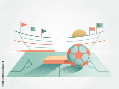 Graphic illustration of soccer ball near podium at stadium sunset