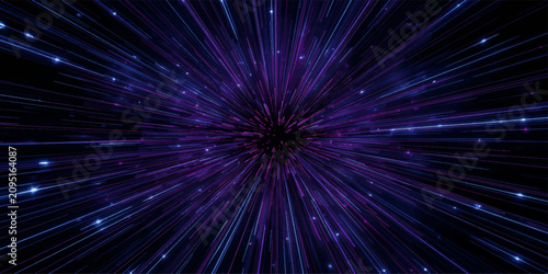 Foto Abstract space travel hyper speed warp drive effect with purple and blue light r